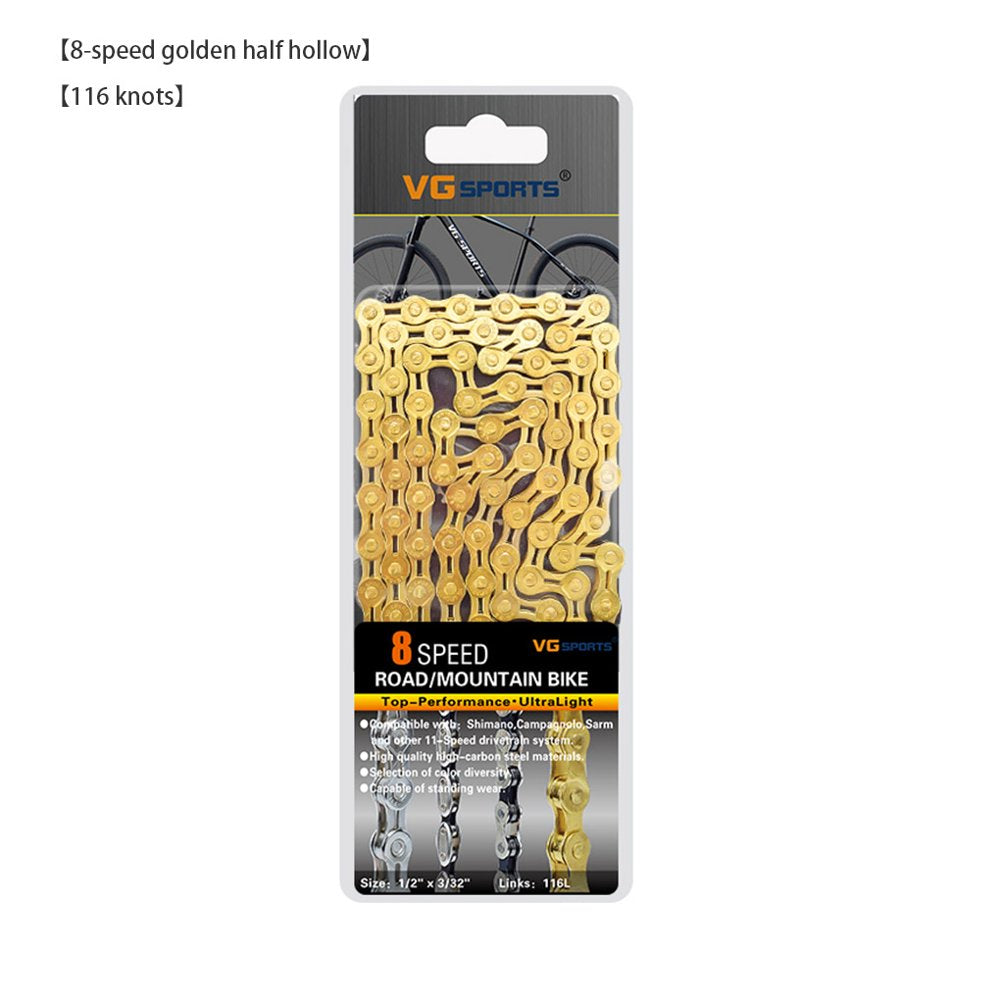 Bike Chain Mountain Road Cycling 116 Links Chain Bike Parts, Gold, 8 Speed, Half Hollow