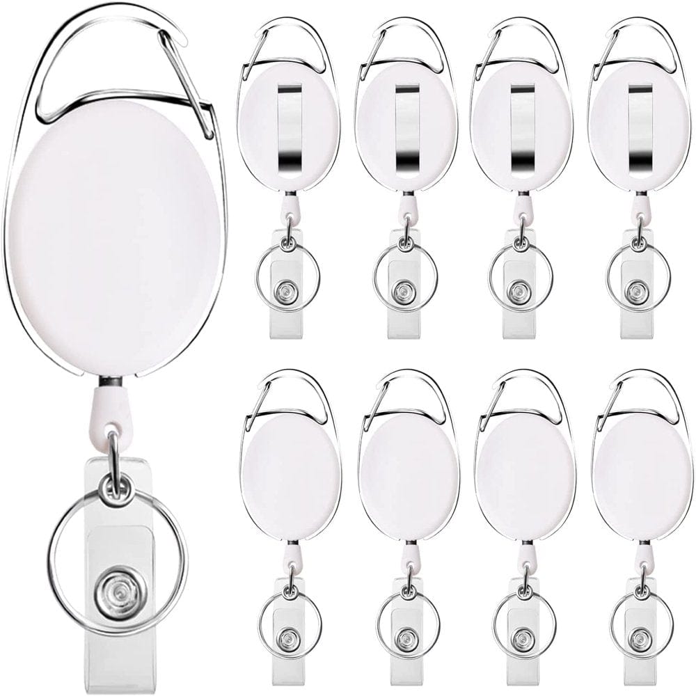 10 Pack Retractable Badge Holder with Carabiner Reel Clip and Key Ring for ID Card Key Keychain Holders White