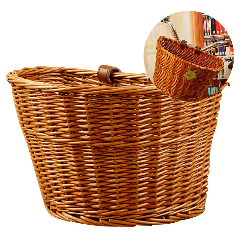Walbest Wicker Hand Woven Semicircular Bicycle Front Handlebar Basket Bike Cargo Storage Container, 14.17 X 9.84 X 7.87 In