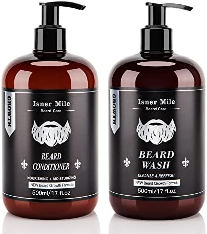 ISNER MILE Beard Wash and Conditioner Set 17 oz New Beard Formula with Biotin Argan & Jojoba Oils Smooth Soften Strengthen Beard Shampoo with Beard Oil Conditioner Gifts for Men