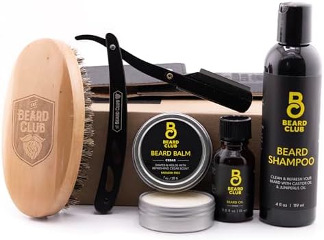 Beard Club Beard Care Kit - Style, Moisturize and Grow a Healthier Beard - Straight Edge Razor, Beard Shampoo, Cedar Beard Balm and Beard Oil, Boar Bristle Beard Brush - Gift Kit