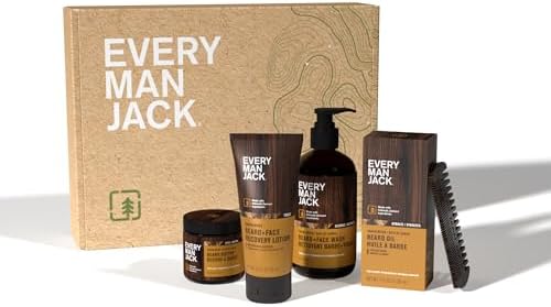 Every Man Jack Mens Sandalwood Beard Set - Five Full-Sized Grooming Essentials For a Complete Routine - Beard + Face Wash, Beard + Face Lotion, Hydrating Beard Oil, Beard Butter, and Beard Comb