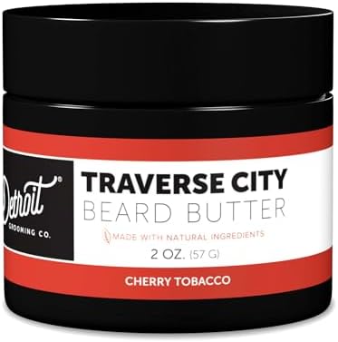 Detroit Grooming Co. Beard Butter - Soften, Thicken, Hydrate, and Rejuvenate Your Beard with Safflower Oil and Shea Butter - Styling Essentials - Cherry Tobacco - Traverse City -2oz