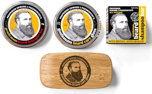 Professor Fuzzworthy Deluxe Beard Grooming Kit Gift Set for Men | All Natural Beard Shampoo, Balm Conditioner & Bass Beard Brush Boar Bristle | Organic Essential Plant Oils
