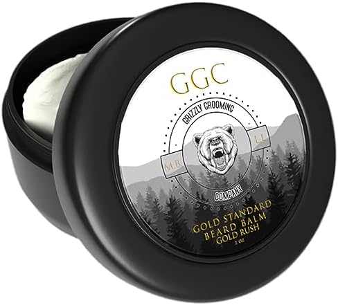 Grizzly Grooming Co. Gold Standard Beard Balm, Shea Butter Infused, Moisturizing and Nourishing, Ideal for Beard Grooming Kit for Men, Signature Gold Rush Scent, 2oz