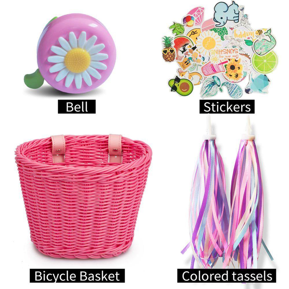 Kid'S Bicycle Basket Streamers Set, Children'S Bike Handlebar Wicker Basket Bike Streamers Bell and Stickers, Bike Basket Front Decoration for Girls