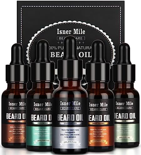 ISNER MILE 5 Pack Beard Oil Set Leave in Conditioner Cedarwood Sandalwood Sage Sweet Orange for Men Mustaches Soften Moisturizing Strength Stocking Stuffers Gifts for Him Man Dad Father Boyfriend