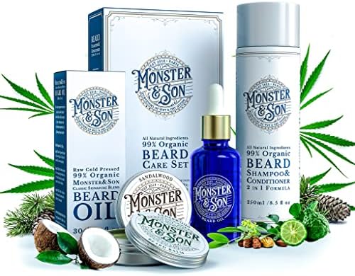 Monster&Son Organic Beard Care Growth Kit - Wash, Hydrate and Thicken your Facial Hair - All Natural, Hypoallergenic Products, Gentle on Sensitive Skin - Ideal Grooming Gift for Bearded Men