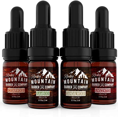 Rocky Mountain Barber Company Beard Oil Sample Size Pack - 4 Unique Beard Oil Varieties (0.17 oz each) - Cedarwood, Sandalwood, Bamboo & Unscented – Contains Essential Oils