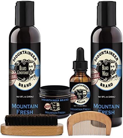 Mountaineer Brand Starter Beard Bundle | Beard Wash, Conditioner, Beard Balm, Beard Oil for Men with Wood Comb & Brush | Hydrates Beards for Soft Manageable Hair | Mountain Fresh Scent