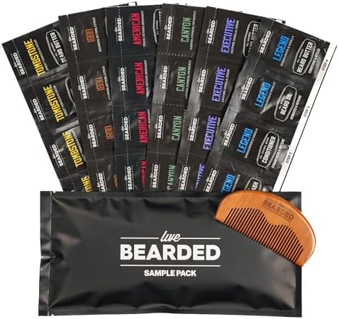 Live Bearded All-Natural Men's Beard Grooming Kit Sample Pack - Beard Oil, Beard Butter, Beard Wash & Beard Conditioner, with Beard Comb - Complete Beard Kit with 6 Scents, Christmas Gifts for Men