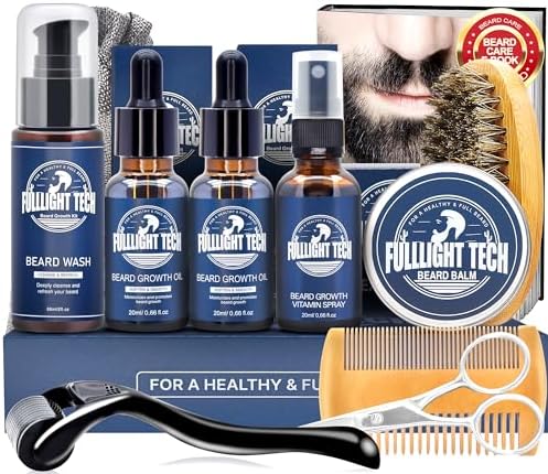 FULLLIGHT TECH Beard Kit,Beard Grooming Kit for Men w/Beard Vitamin Spray,Beard Oil,Balm,Wash,Brush,Comb,Scissors,Mens Beard Care Gifts for Men Husband Boyfriend Dad,Valentines Day Gifts for Him