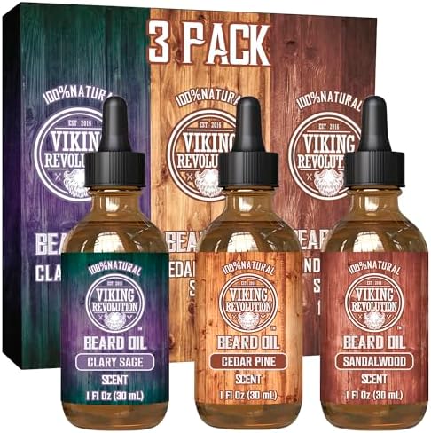 Viking Revolution Beard Oil Conditioner 3 Pack - All Natural Variety Set - Sandalwood, Pine & Cedar, Clary Sage Conditioning and Moisturizing for a Healthy Beard