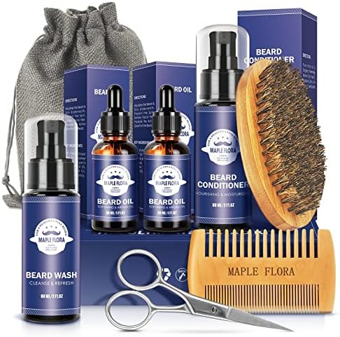 Maple Flora Beard Care Kit Gifts Set w/Beard Conditioner, 2 Packs Beard Oil, Beard Wash, Brush, Comb, Scissors, Bag, e-Book, Valentine's Day Present Birthday Gifts for Men Him Dad Boyfriend Husband