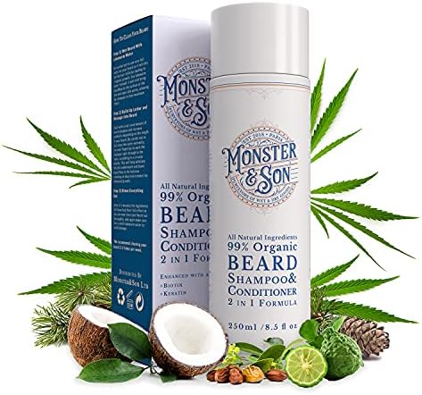 Monster&Son Organic Beard Shampoo & Conditioner 2 in 1 - Beard Wash with Conditioning For Men - Gentle Face Cleanser For Sensitive Skin - Hypoallergenic, Paraben & Sulphate Free - Long Lasting 250ml