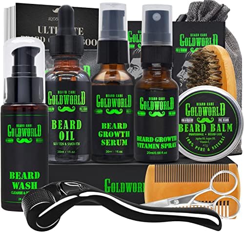 GoldWorld Beard Kit,Beard Care Kit,Beard Grooming Kit w/Beard Wash Shampoo,Beard Oil,Beard Serum,Beard Vitamin Spray,Balm,Brush,Comb,Valentines Day Gifts for Men Him Dad