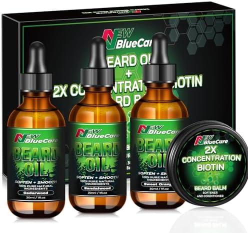 NEWBLUECARE Beard Growth Kit - Beard Oil & Beard Balm Set to Strengthen, Soften & Style - Natural Argan, Jojoba & Shea Butter - 3 Scent Beard Oils & 1 Biotin Beard Balm for Men's Beard Care