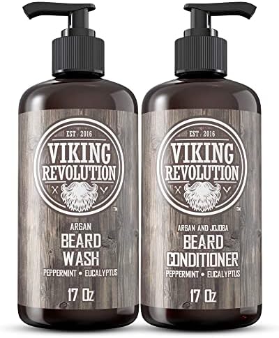 Viking Revolution Beard Wash & Conditioner Set w/Argan & Jojoba Oils – Softens, Smooths & Strengthens Beard Growth - Natural Peppermint and Eucalyptus Scent - Shampoo (17 oz)