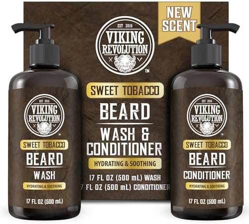 Viking Revolution Beard Wash and Beard Conditioner for Men with Argan Oil and Jojoba Oil - Beard Softener and Strengthener Beard Care Beard Shampoo and Conditioner with Beard Oil (17oz, Sweet Tobacco)