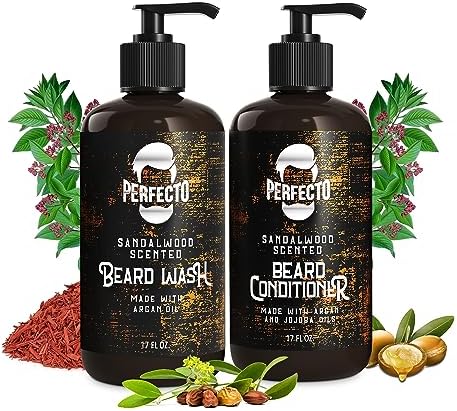 Beard Wash & Beard Conditioner Set w/Argan & Jojoba Oils - Softens & Strengthens - Natural Sandalwood Scent - Softens & Strengthens Beard Care Set Beard Shampoo/Beard Oil