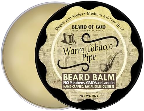Warm Tobacco Pipe - 2oz Beard Balm Conditioner - Natural, Organic and Handcrafted in USA by Beard of God - Medium Hold, Low Sheen, Melts Easy in Hands, No Grittiness