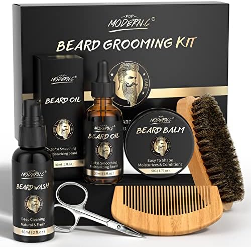 POP MODERN.C Beard Growth Kit Beard Grooming Kit 6pcs Beard Wash Shampoo Beard Oil Beard Balm Beard Comb Brush Scissors Best Gift for Men for Valentine's Day Christmas Father's Day Birthdays
