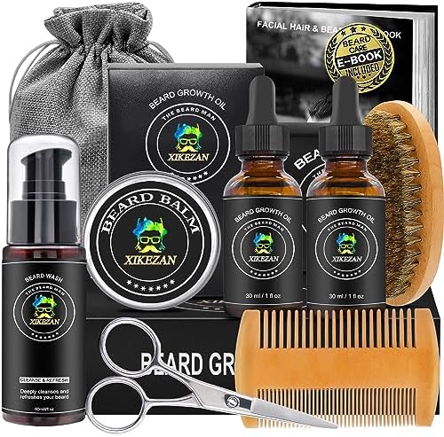 XIKEZAN Beard Kit,Beard Kit,w/2 Pack Beard Oil,Beard Wash,Balm,Comb,Brush,Hair Removal Razor Strops Scissor,Bag,EBook,Beard Care Grooming Kit Christmas Gifts for Dad Father Men Him