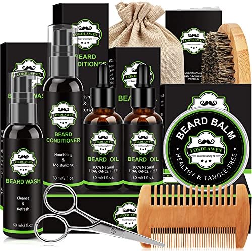 Valentines Day Gifts for Him- Beard Kit for Men with Beard Wash, Beard Conditioner, Beard Oil, Beard Balm, Beard Brush, Beard Comb, Beard Scissors, Storage Bag, Gifts for Men Dad Husband Boyfriend