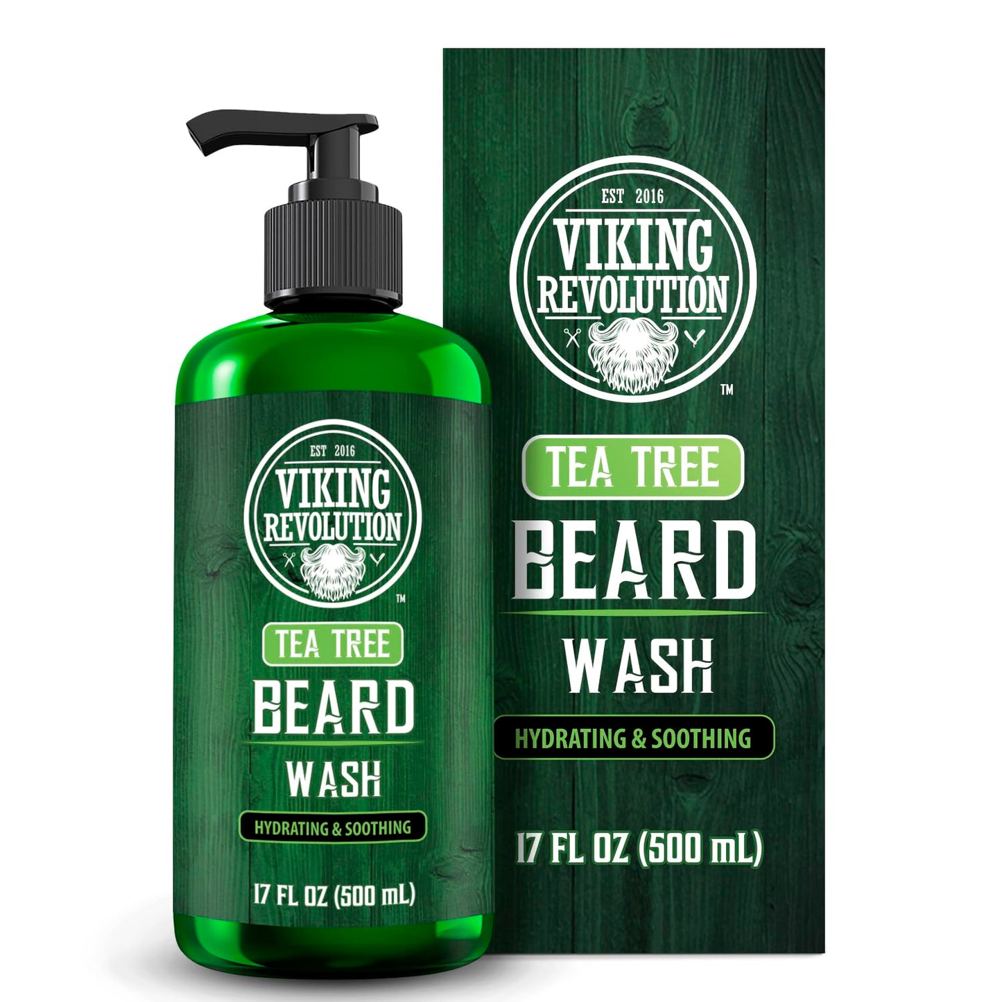 Viking Revolution Tea Tree Beard Wash for Men with Argan Oil and Ginseng Root Extract - Beard Softener and Strengthener Beard Shampoo with Olive Oil Beard Care to avoid Beard Dandruff and Itch (17oz)