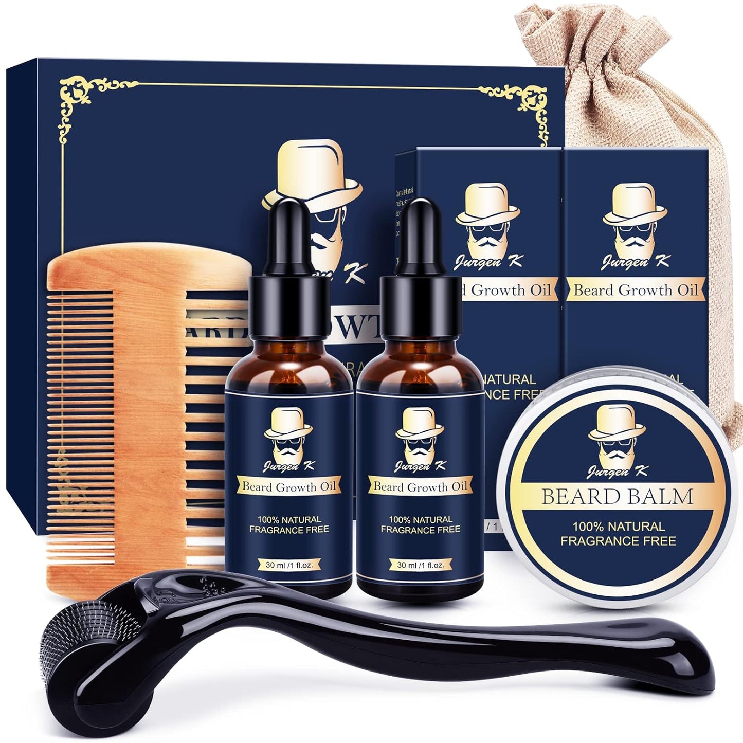 Beard Growth Kit - Beard Kit for Men with Beard Growth Oil (2 Pack), Beard Balm, Beard Comb, Beard Roller, Patchy Beard Growth, Unique Gifts for Men, Birthday Gifts for Him Boyfriend Husband Dad