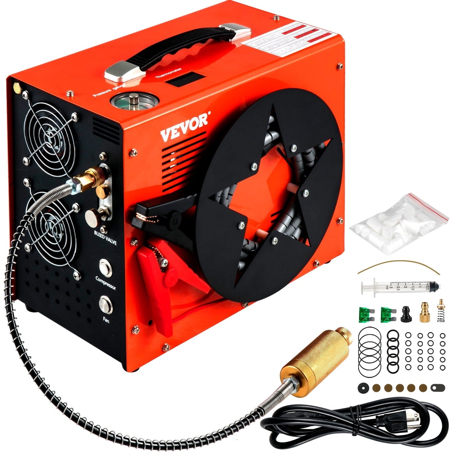 VEVORbrand PCP Air Compressor.4500PSI Portable PCP Compressor.12V DC 110V/220V AC PCP Airgun Compressor Auto-stop.with Built-in Adapter.Fan Cooling.Wire Spool Suitable for Paintball.Scuba.Air Rifle