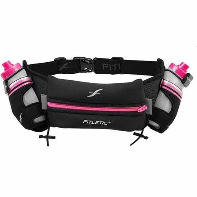Fitletic Hydra 16 Hydration Belt : BLK / PNK, S/M Running, Hiking, Cycling with 2 X 8Oz Bottles, No Bounce
