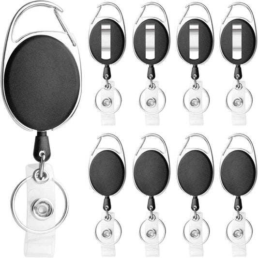 10 Pack Retractable Badge Holder with Carabiner Reel Clip and Key Ring for ID Card Key Keychain Holders Black