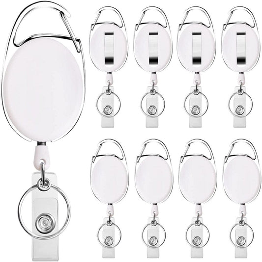 10 Pack Retractable Badge Holder with Carabiner Reel Clip and Key Ring for ID Card Key Keychain Holders White