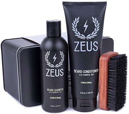 ZEUS Starter Beard Wash & Grooming Kit, Beard Brush & Beard Wash Combo Gift Set for Men (Sandalwood)