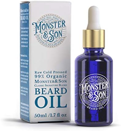 Monster&Son Classic Signature Blend Raw Cold Pressed Organic Beard Oil 1.7oz - Helps to Hydrate, Style and Promote New Hair Growth - Rich in Vitamins & Minerals - Jojoba, Argan & Meadowfoam Oils