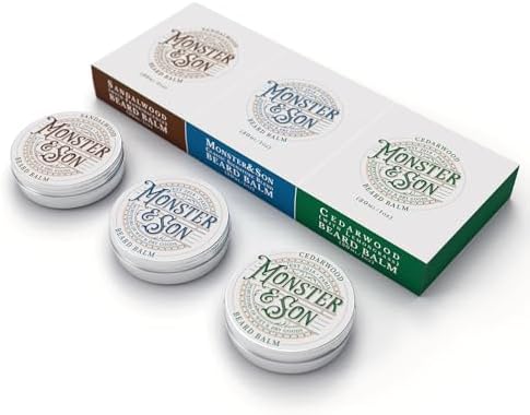 Monster&Son Organic Beard Balm Variety Pack x3 - Helps to Hydrate, Style and Promote New Hair Growth - Rich in Vitamins & Minerals - Jojoba Oil, Shea Butter, Coconut Oil - Ideal Gift for Bearded Men