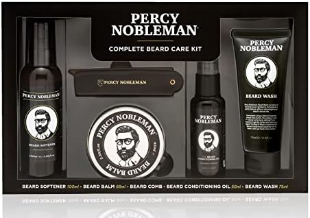 Percy Nobleman, Complete Beard Care Kit, containing a beard softener, scented beard oil, beard balm, beard wash, and folding acetate comb