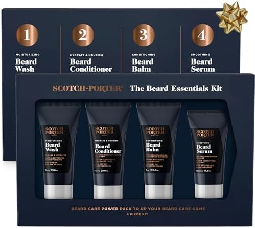 Scotch Porter Beard Essentials Kit | Beard Wash, Beard Conditioner, Beard Balm and Beard Serum | Non-Toxic Ingredients, Free of Parabens, Sulfates & Silicones, Vegan | 3-1oz, 1-0.5oz Tubes