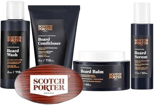 Scotch Porter Beard Care Kit | Includes Beard Wash, Beard Conditioner, Beard Balm, Beard Serum, and Beard Brush | Free of Parabens, Sulfates & Silicones | Vegan