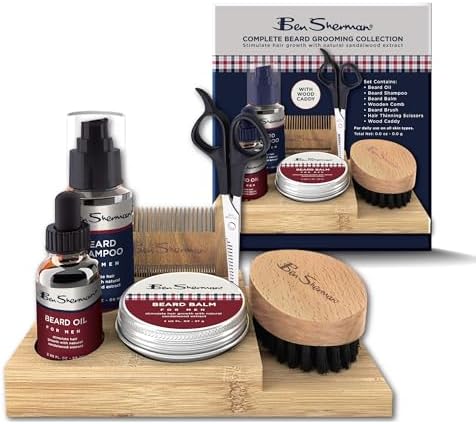 Ben Sherman Beard Grooming Kit for Men, w/ Beard Oil, Beard Brush, Beard Balm, Beard Shampoo, trimming Scissors and a Wooden Caddy,Gifts For Men