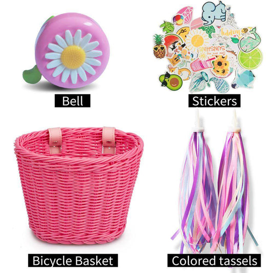 Girls Bicycle Basket Streamers Set, Children'S Bike Handlebar Wicker Basket with Colorful Bike Streamers Bell and Stickers, Bike Decoration Accessories Kit