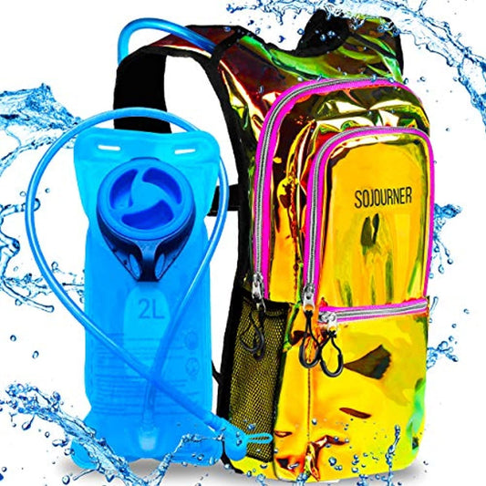 Rave Hydration Pack Backpack - 2L Water Bladder Included for Festivals, Raves, Hiking, Biking, Climbing, Running and More - 3-Pocket (Laser Holographic - Pink)