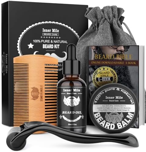 ISNER MILE Beard Kit, Mustache Men's Gift Kit with Beard Oil, Beard Balm, 0.25mm Beard Roller, Beard Comb, Beard E-book, Storage Bag, Christmas Fathers Valentines Day Gifts for Him