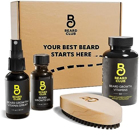 Beard Club Essential Beard Growth Kit - Growth Oil, Growth Vitamins, Growth Vitamin Spray & Beard Brush