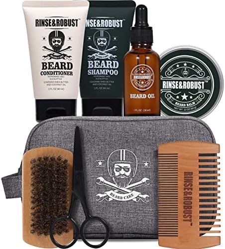 Rinse & Robust 8Pcs Beard Growth Kit For Men Beard Care Set with Traveling Bag Beard Grooming Wash & Beard Conditioner Kit Valentines Gift for Men Beard Trimmer, Brush,Comb, Traveling Bag