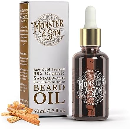 Monster&Son Sandalwood with Frankincense Raw Cold Pressed Organic Beard Oil 1.7oz - Helps to Hydrate, Style and Promote New Hair Growth - Rich in Vitamins & Minerals - Jojoba, Argan & Meadowfoam Oils