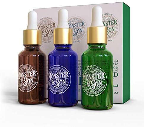Monster&Son Cold Pressed Beard Oil Variety Pack x3 - Helps to Hydrate, Style and Promote New Hair Growth - Rich in Vitamins & Minerals - Jojoba, Argan & Meadowfoam Oils - Ideal Gift for Bearded Men