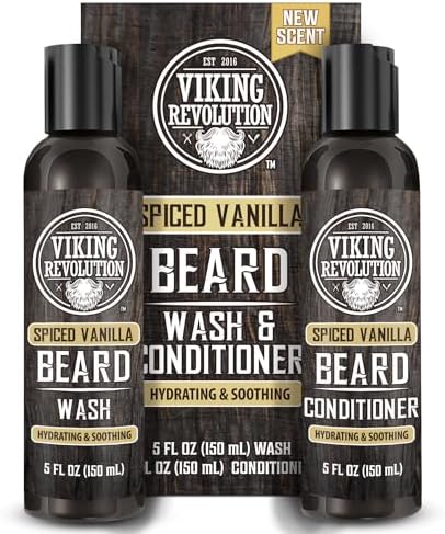 Viking Revolution Beard Wash and Beard Conditioner for Men with Argan Oil and Jojoba Oil - Beard Softener and Strengthener Beard Care Beard Shampoo and Conditioner with Beard Oil (5oz, Spiced Vanilla)
