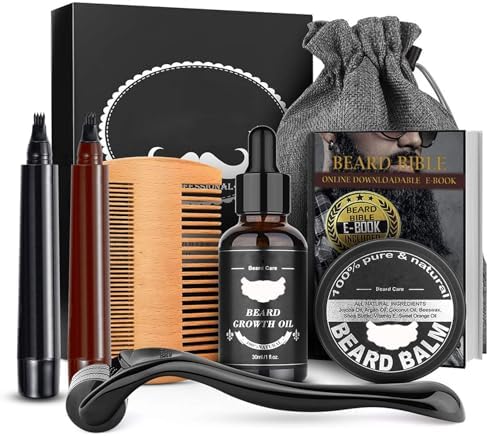 Beard Growth Kit for Men - Beard Kit with Beard Oil,Beard Balm,Beard Pencils,Wooden Comb,Beard Roller,Christmas Birthday Beard Pen Gifts Set for Men Husband Dad Him Boyfriend Brother